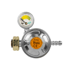 Regulátor tlaku plynu, 30mbar, 1.5kg/h, s pojistným ventilem a manometrem, pro hadici 9-10 mm BRADAS